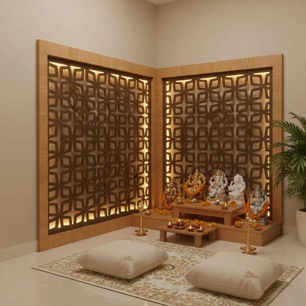 CNC cut partition separating pooja space from living area