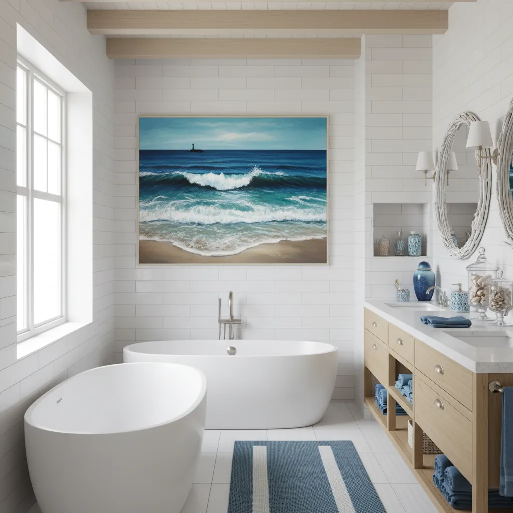 Coastal ocean themed acrylic painting in spa style bathroom