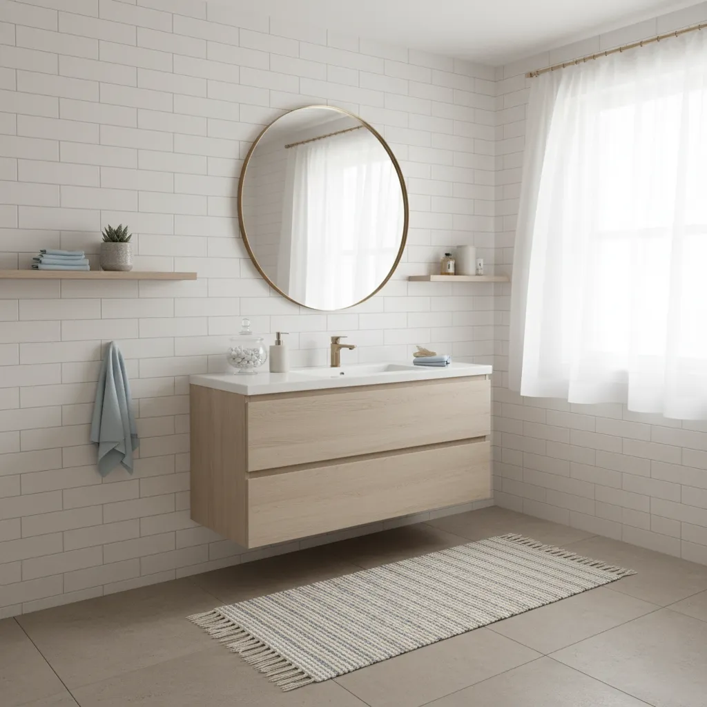 Beach inspired bathroom with soft blue accents and neutral coastal palette