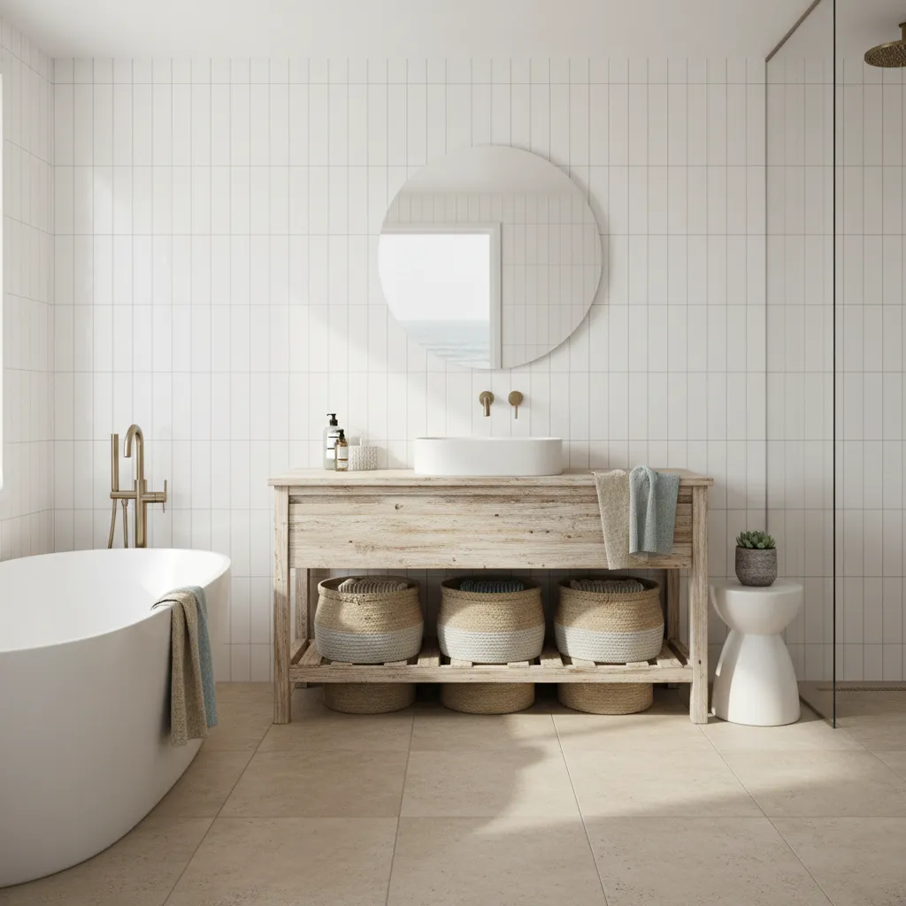 Bright coastal bathroom with white tiles driftwood vanity and natural textures