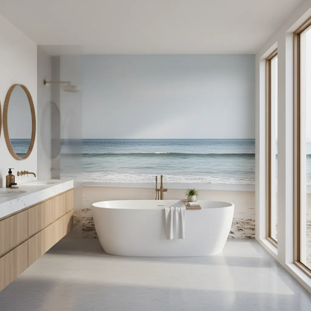 Luxury coastal bathroom featuring large ocean mural wallpaper