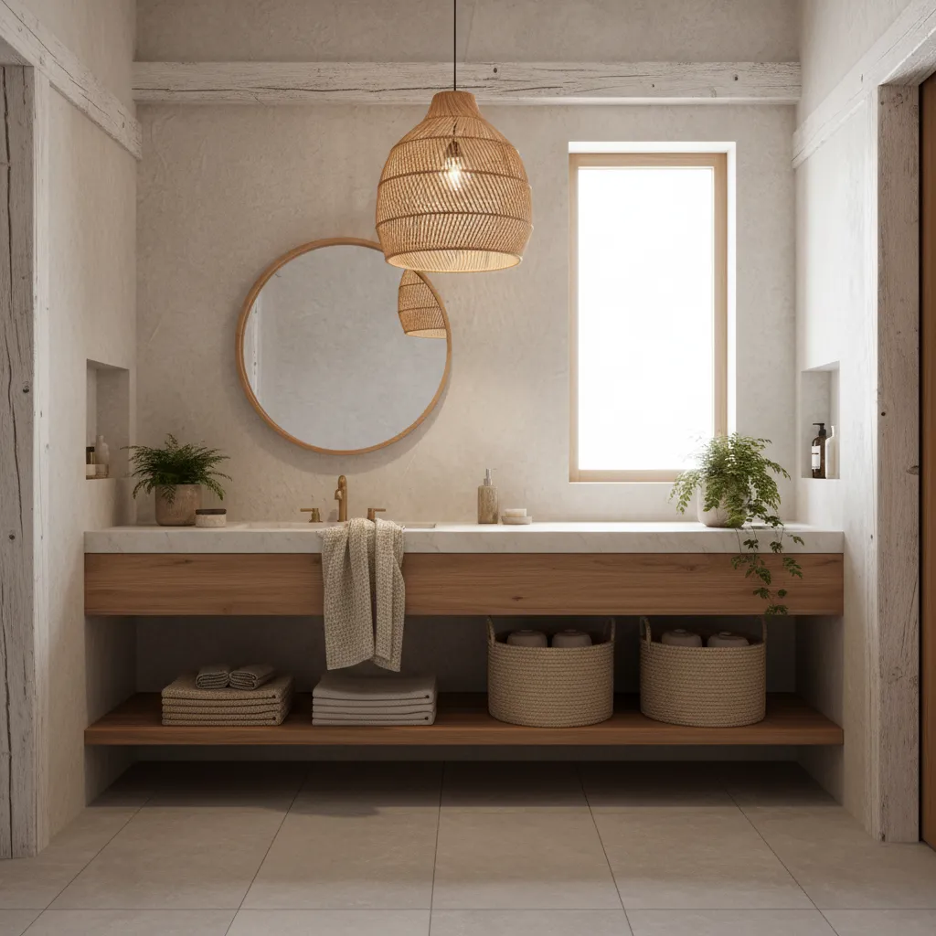 Beach style bathroom with rattan lighting wood vanity and stone textures