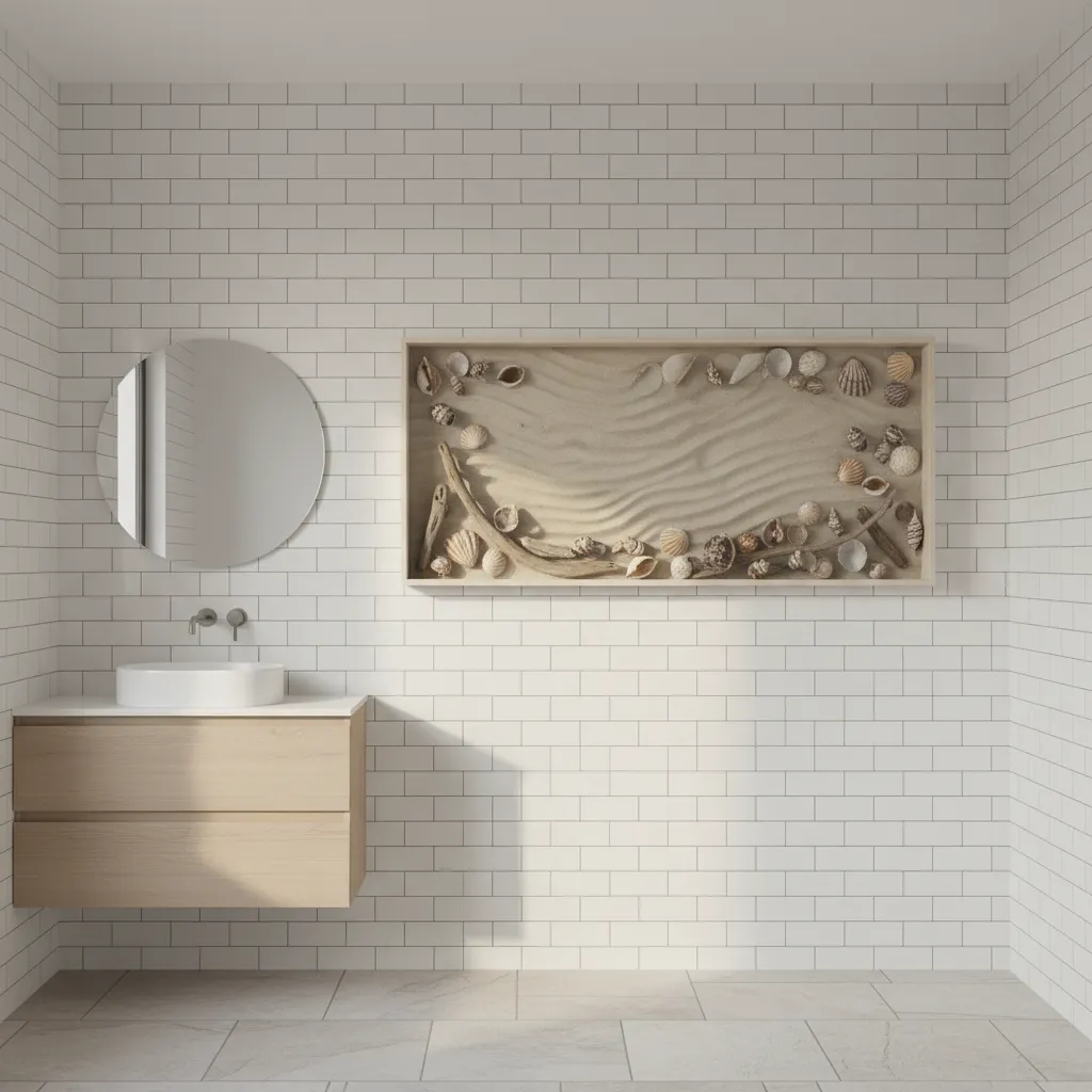 Coastal themed bathroom shadow box with seashells and driftwood on white tile wall
