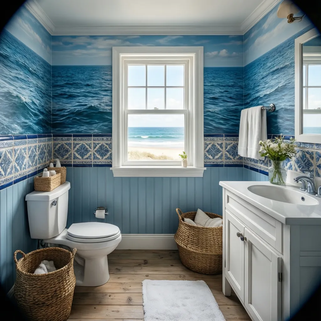 Bathroom with tile wainscoting and coastal wallpaper above