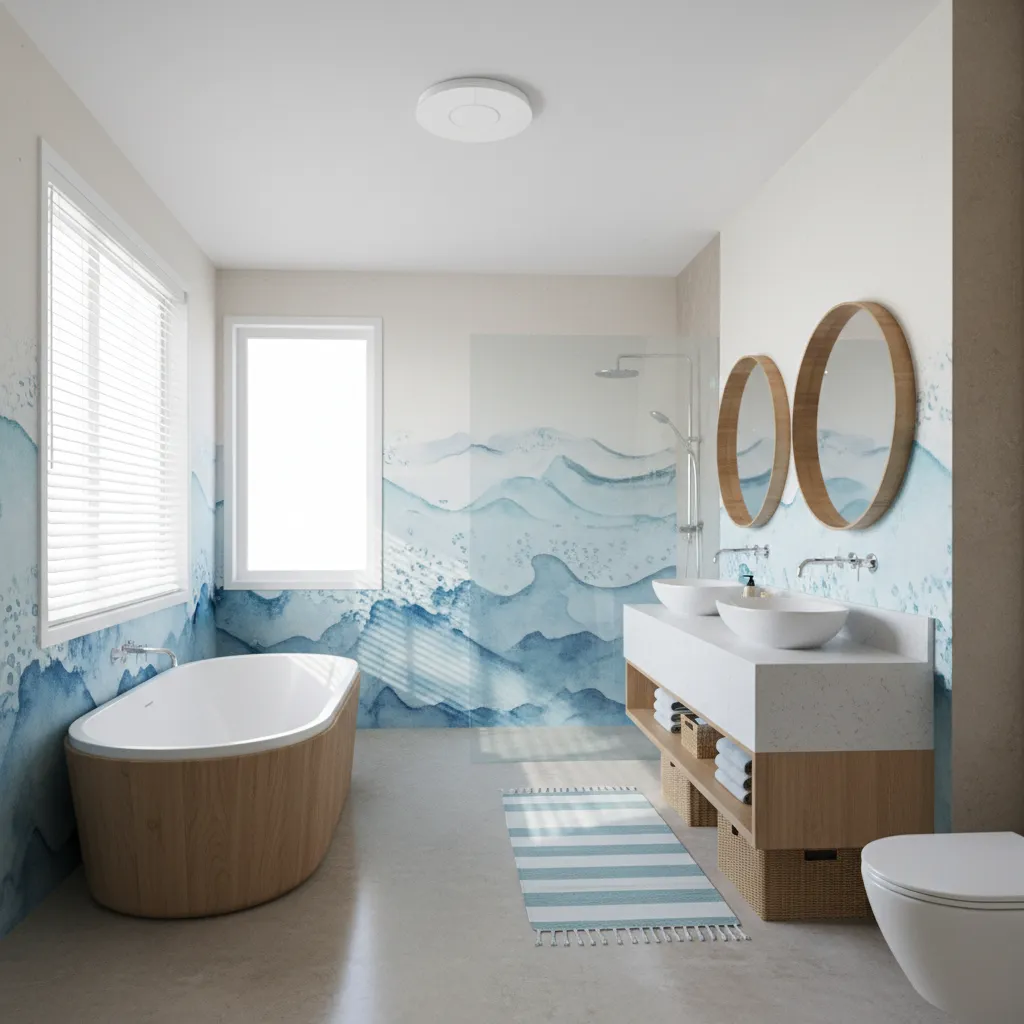 Well ventilated coastal bathroom with wallpaper accent wall and exhaust fan