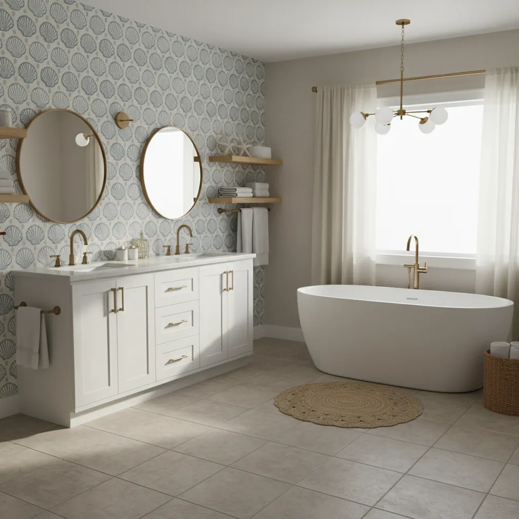 Coastal bathroom with shell patterned wallpaper accent wall and white vanity