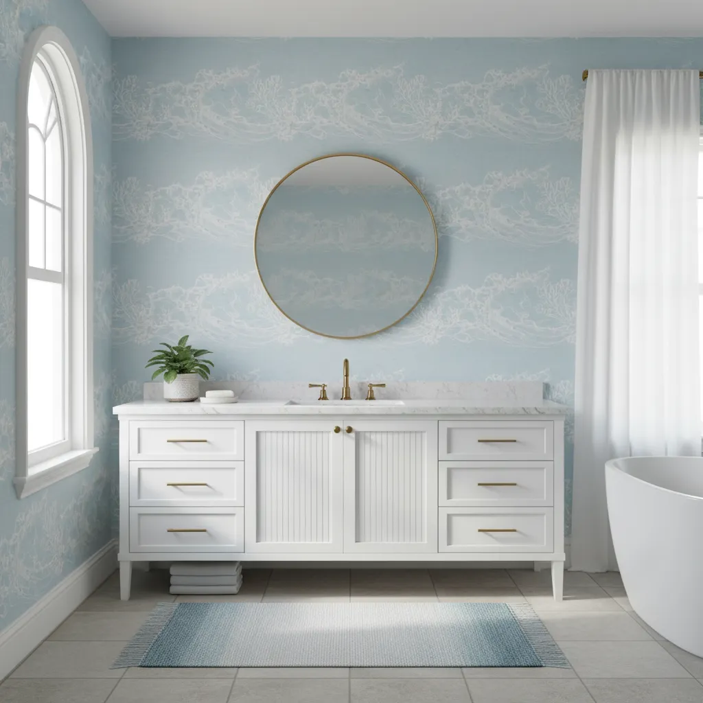 coastal bathroom with light blue wallpaper accent wall behind vanity