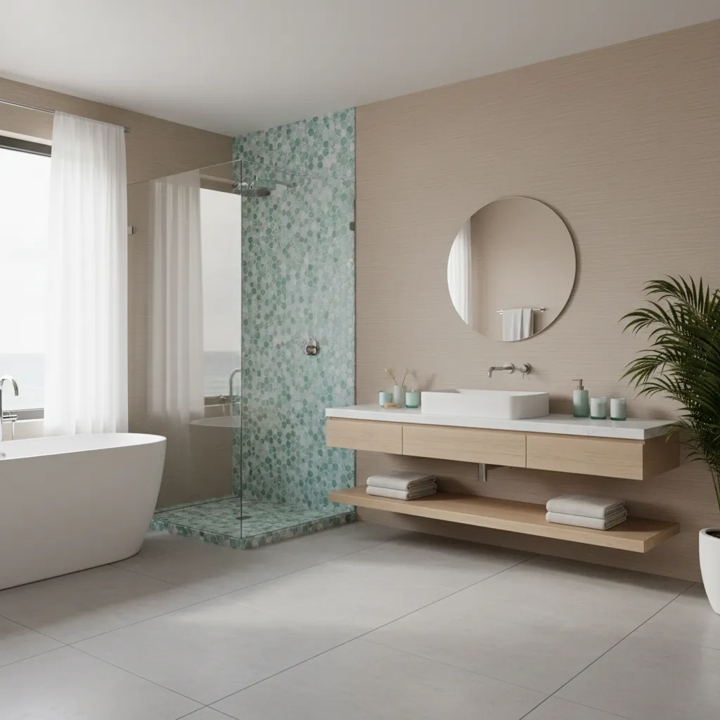 modern coastal bathroom with subtle textured wallpaper and natural materials