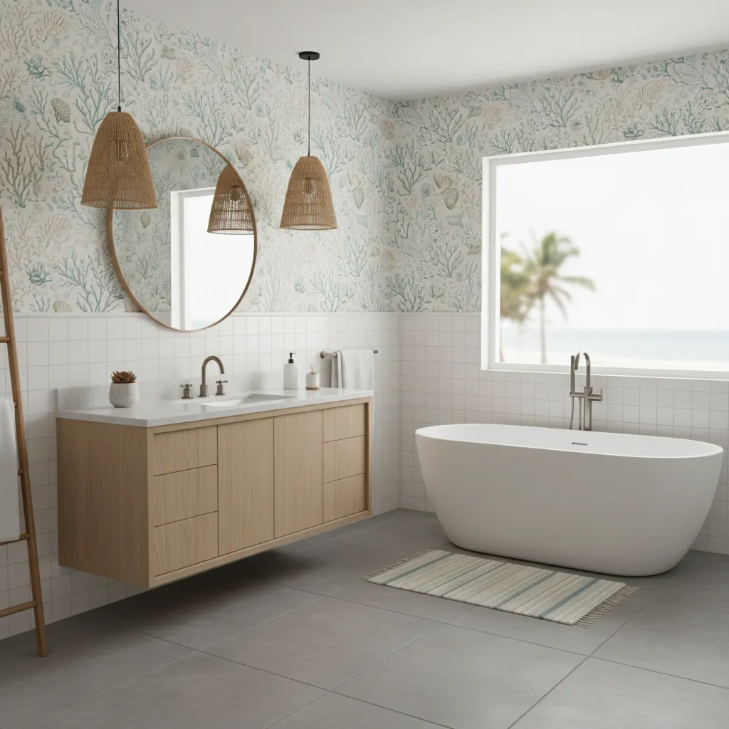 Coastal bathroom with soft botanical wallpaper above white tile wainscoting