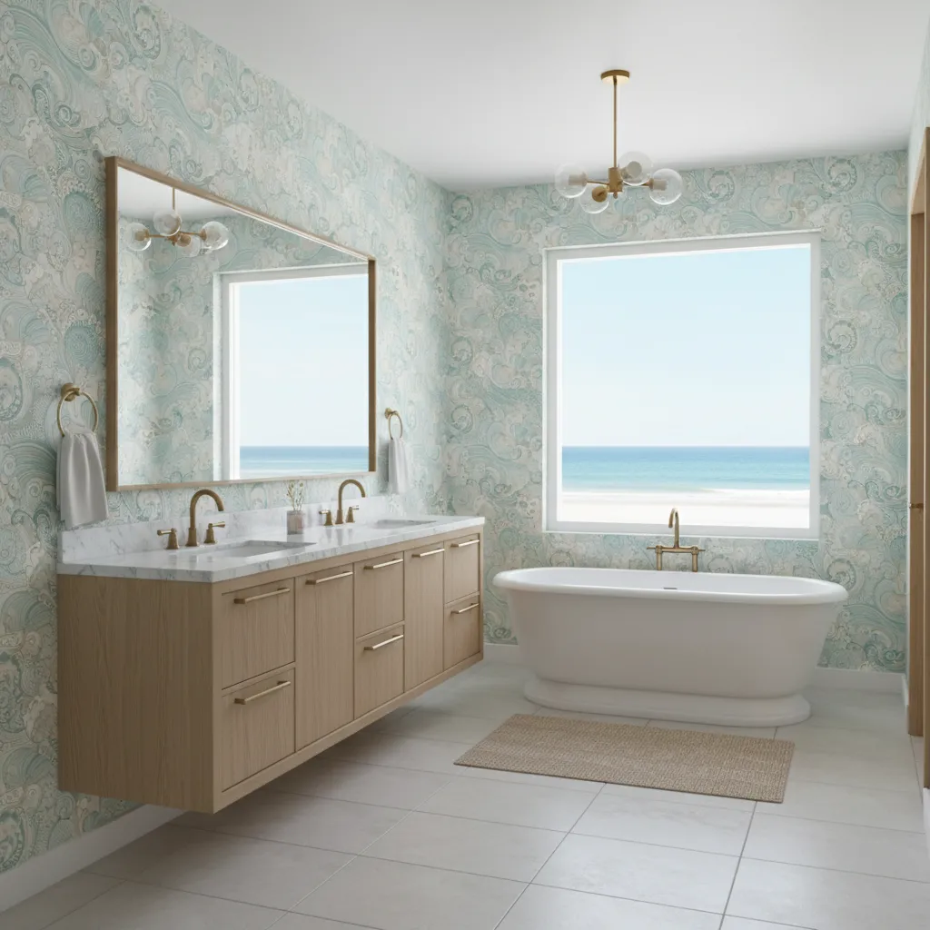 Interior Designers Share Coastal Bathroom Wallpaper Trends for Beach Homes