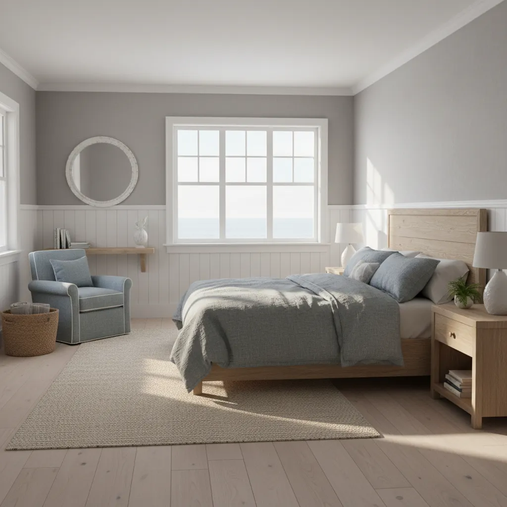 Coastal bedroom showing effect of natural light on grey color palette