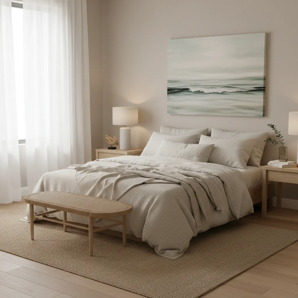 Close view of coastal bedroom textures including linen bedding rattan bench and wood nightstand