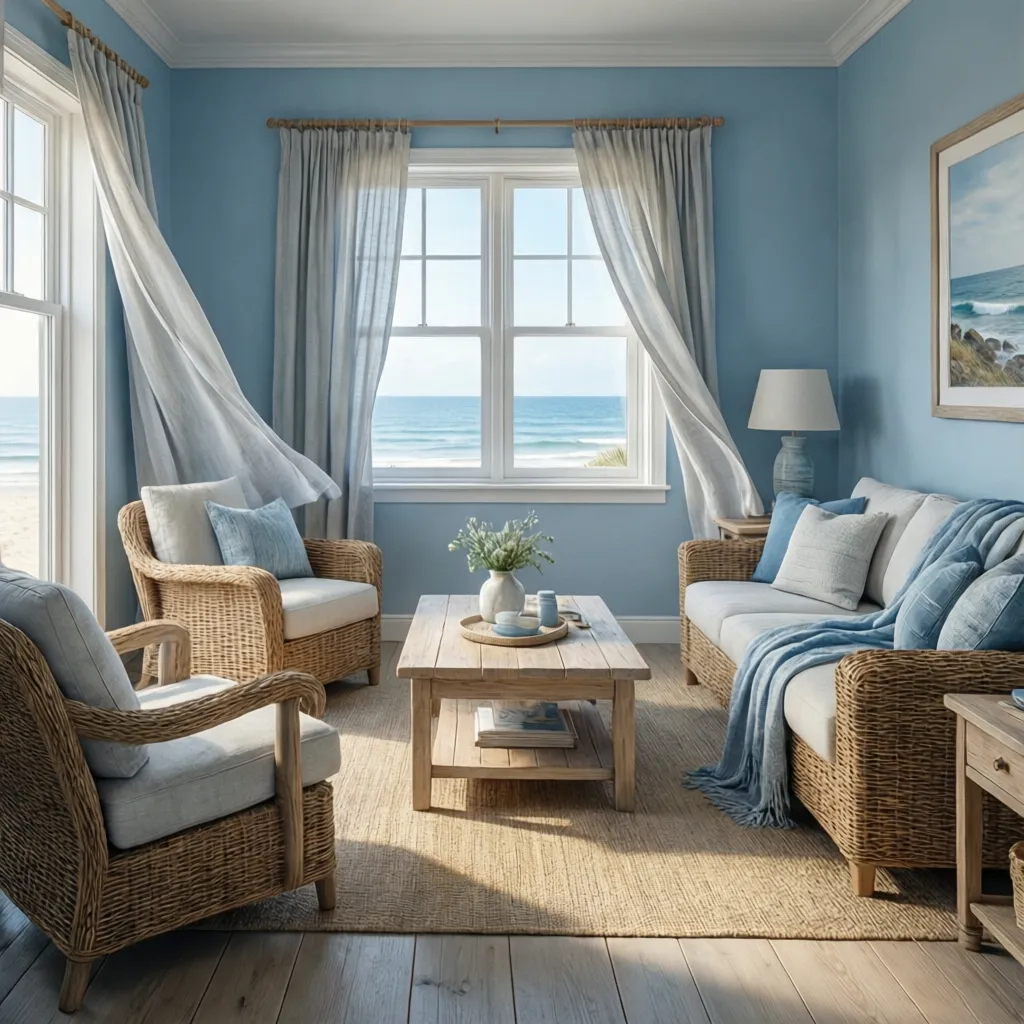 Coastal style blue living room with airy linen curtains
