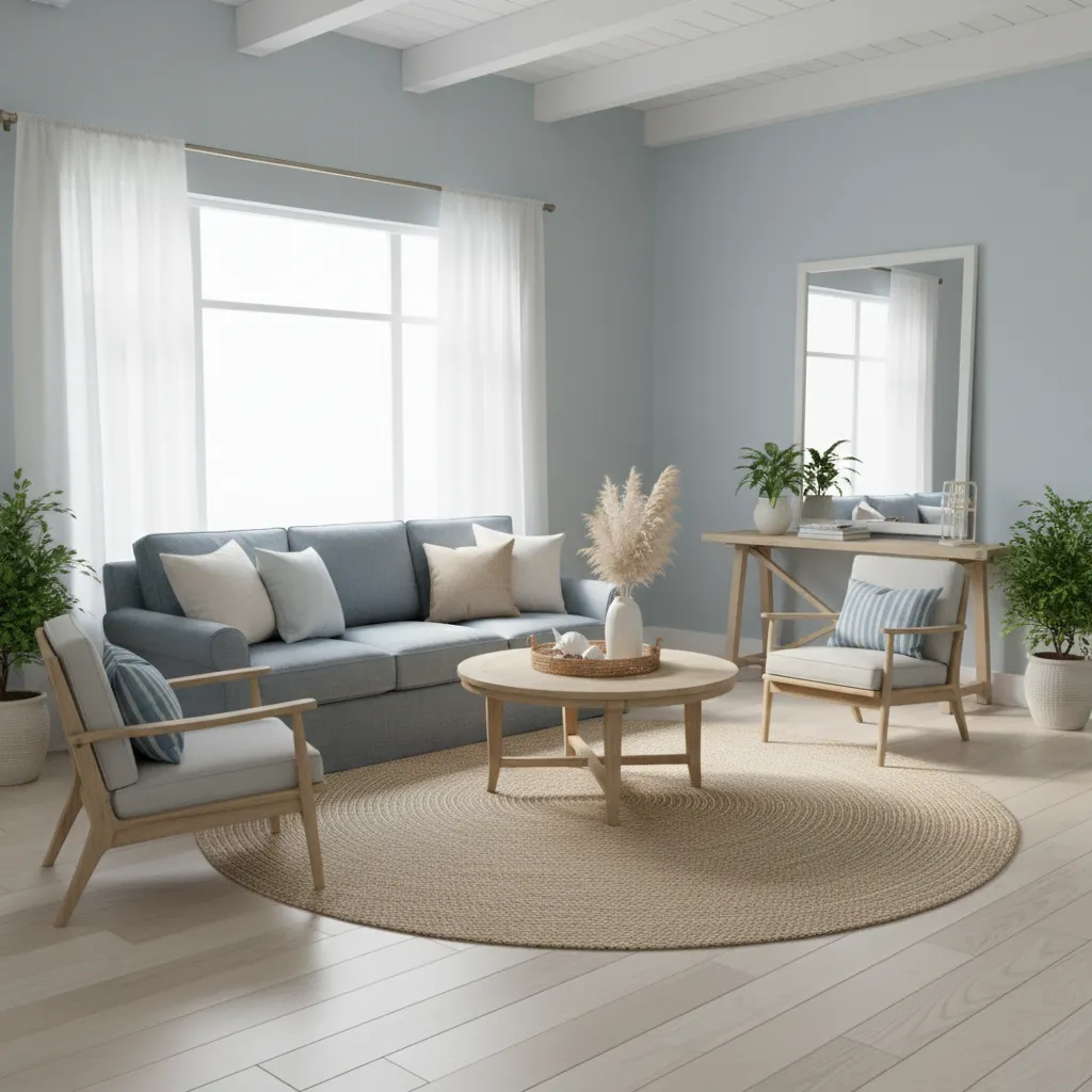 Coastal blue living room with sheer curtains diffusing daylight