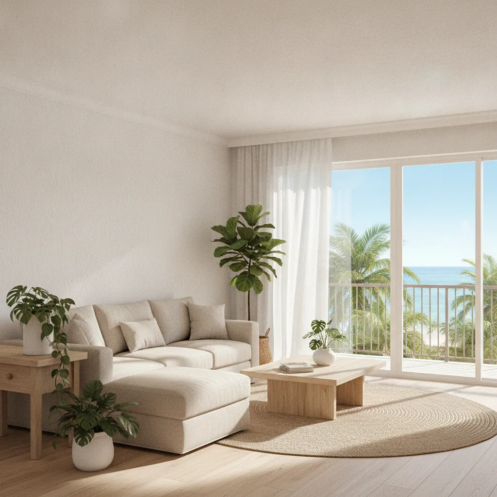 Bright apartment interior using light coastal color palette