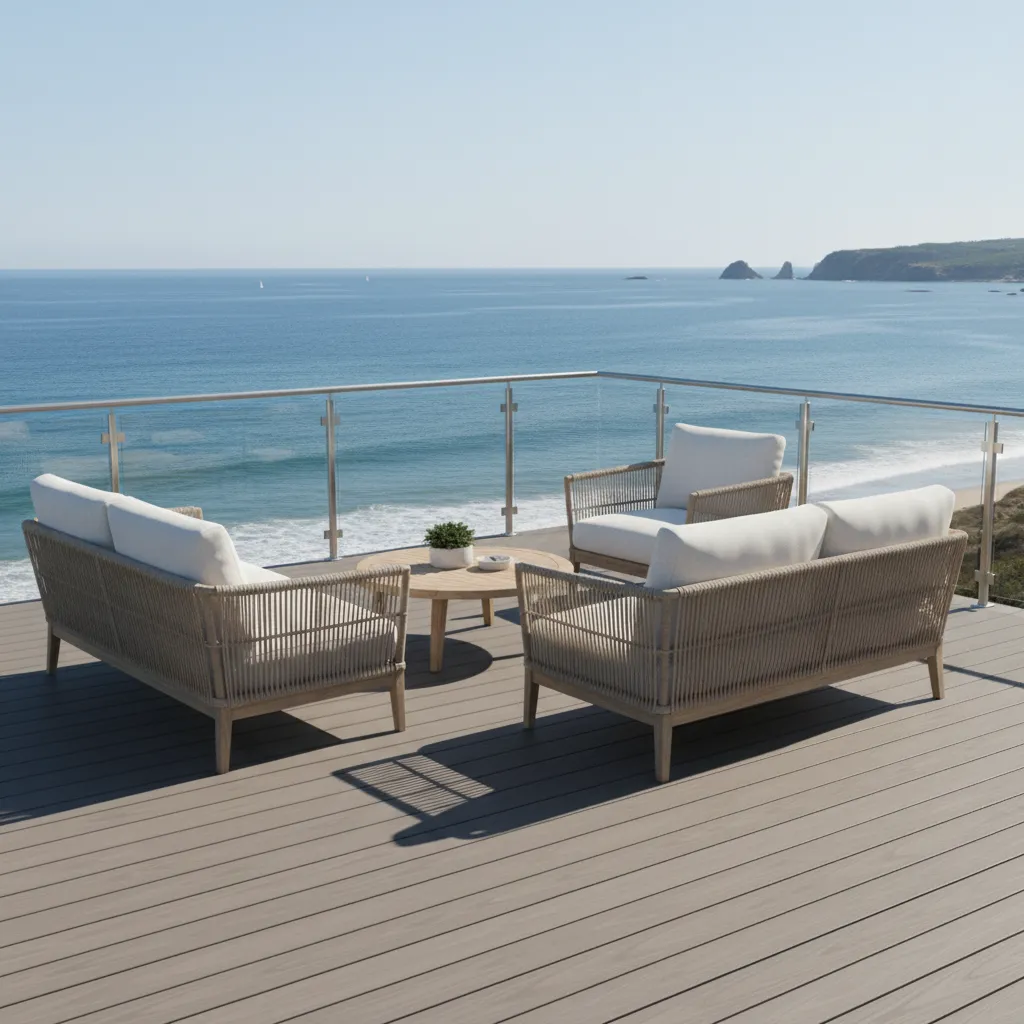 Composite decking on a seaside terrace resisting salt air corrosion