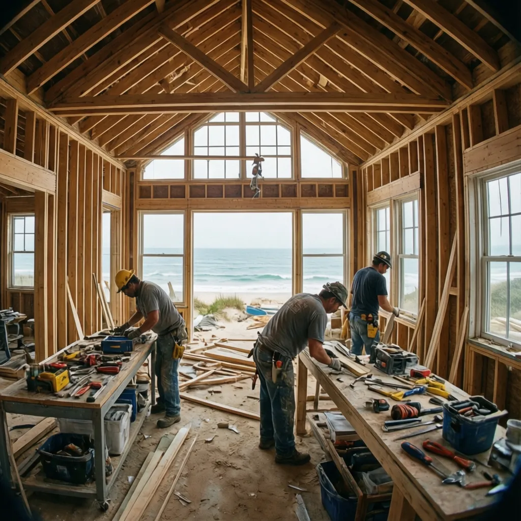 Beach house renovation construction stage with exposed framing and ocean view windows