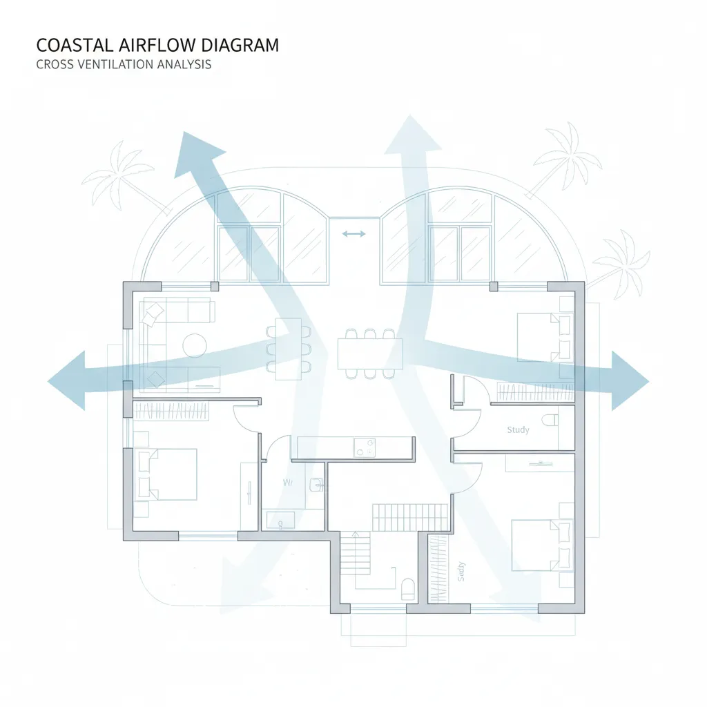 Diagram of cross ventilation airflow through a coastal house