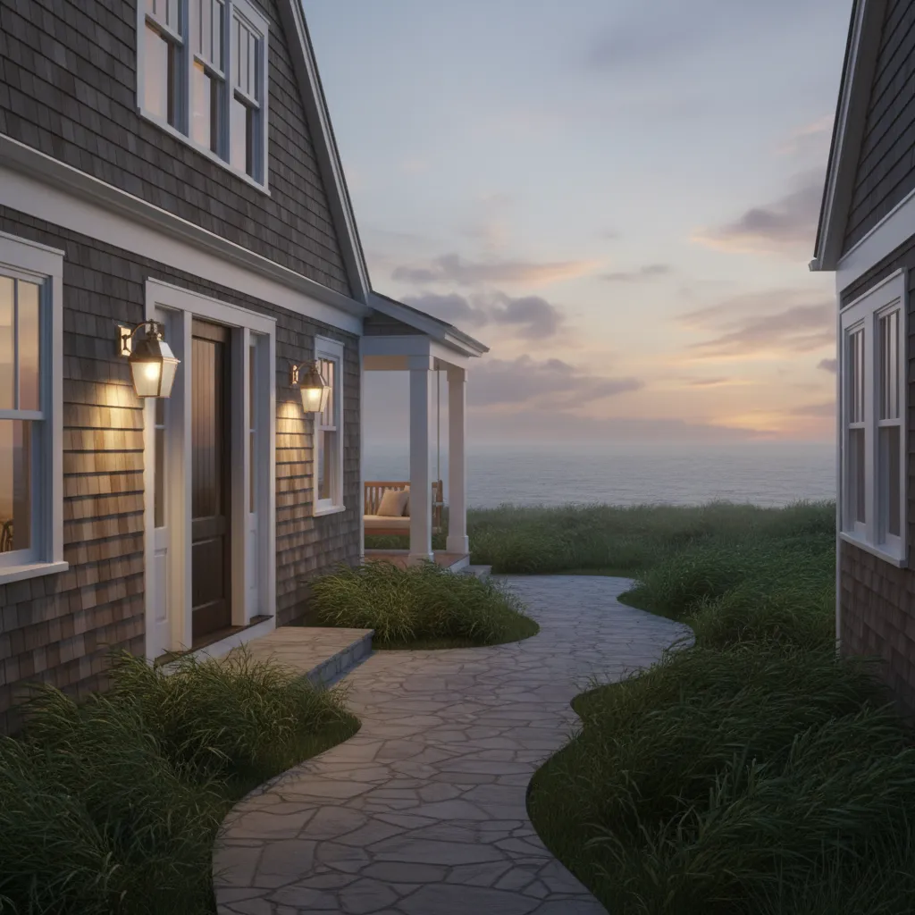 Seaside home exterior with corrosion resistant wall lantern lighting