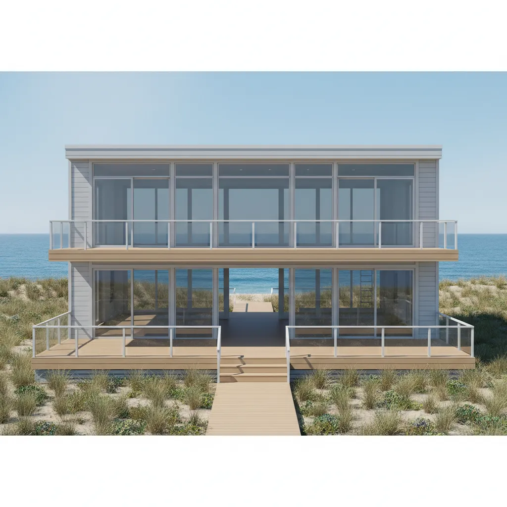 Coastal house exterior with fiber cement siding and ocean facing deck