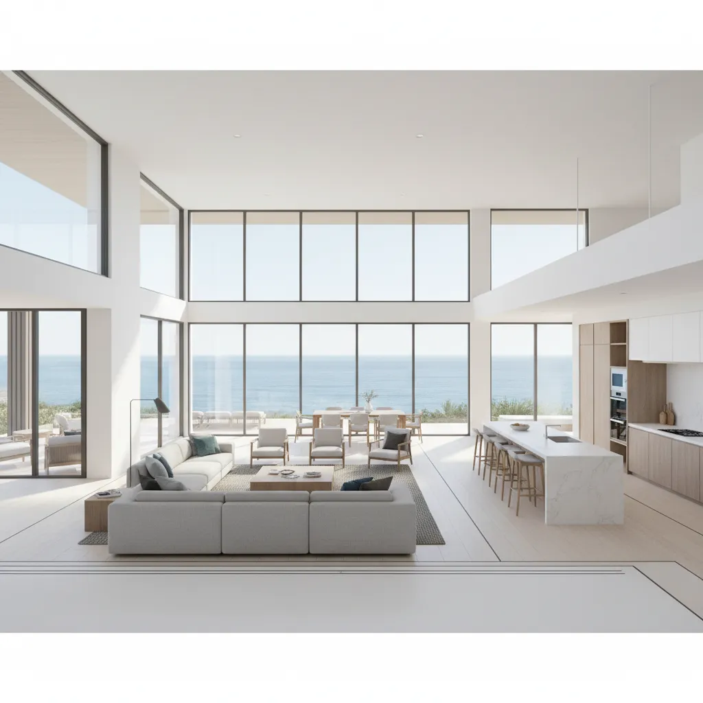 3D coastal home floor plan showing living room kitchen and ocean-facing layout