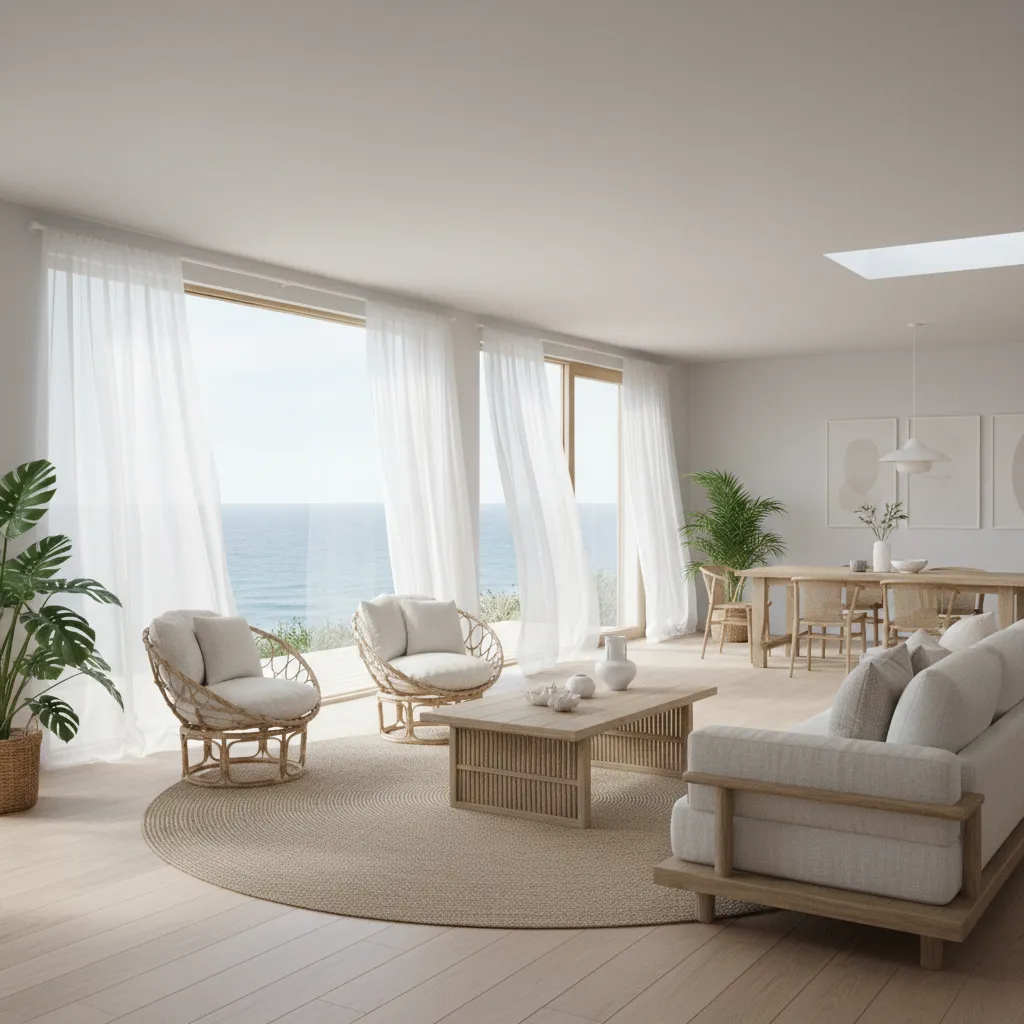 bright coastal living room designed with moisture resistant materials and large windows