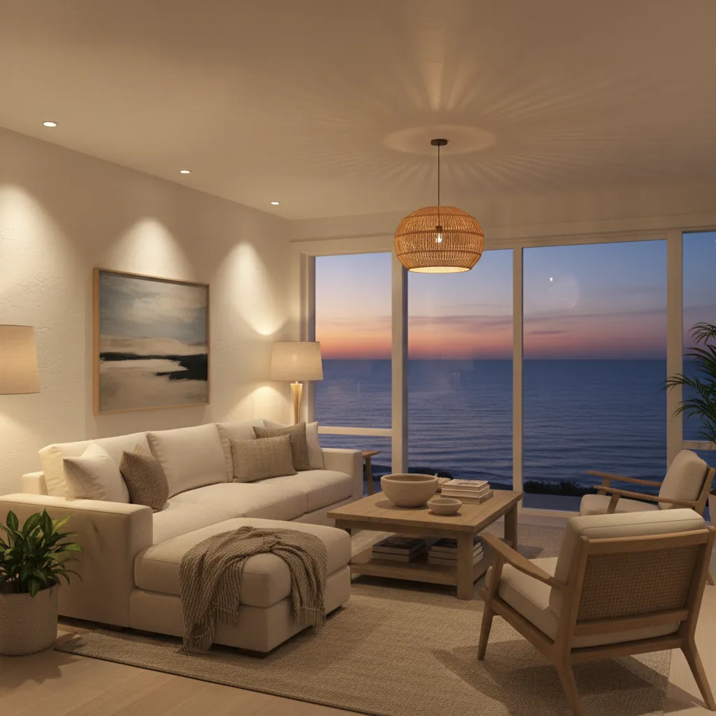 Cozy living room at sunset with white sofa footrest wooden coffee table and ceiling light