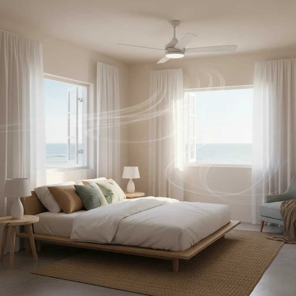 coastal bedroom interior showing ventilation and humidity control design