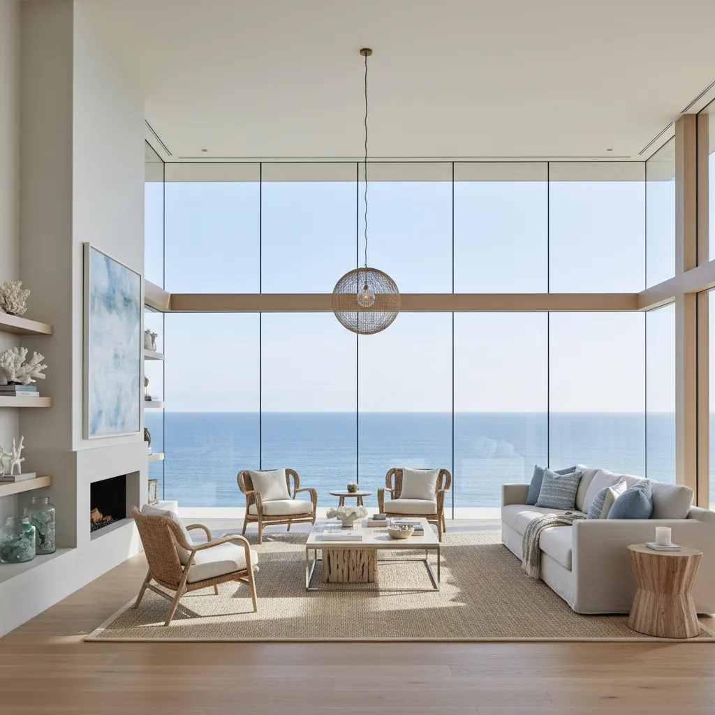 Coastal living room with fireplace white sofa wicker chairs and large windows with ocean view