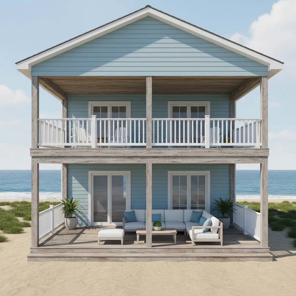 Coastal house exterior featuring stacked wooden porches with ocean view