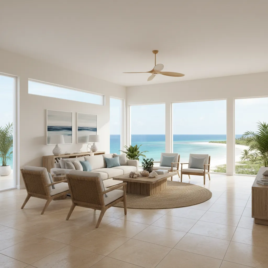 Porcelain tile flooring inside a bright coastal living room