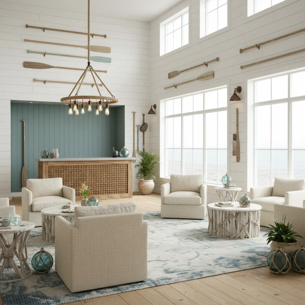 Boutique coastal hotel lobby featuring decorative wooden oars mounted on a shiplap wall