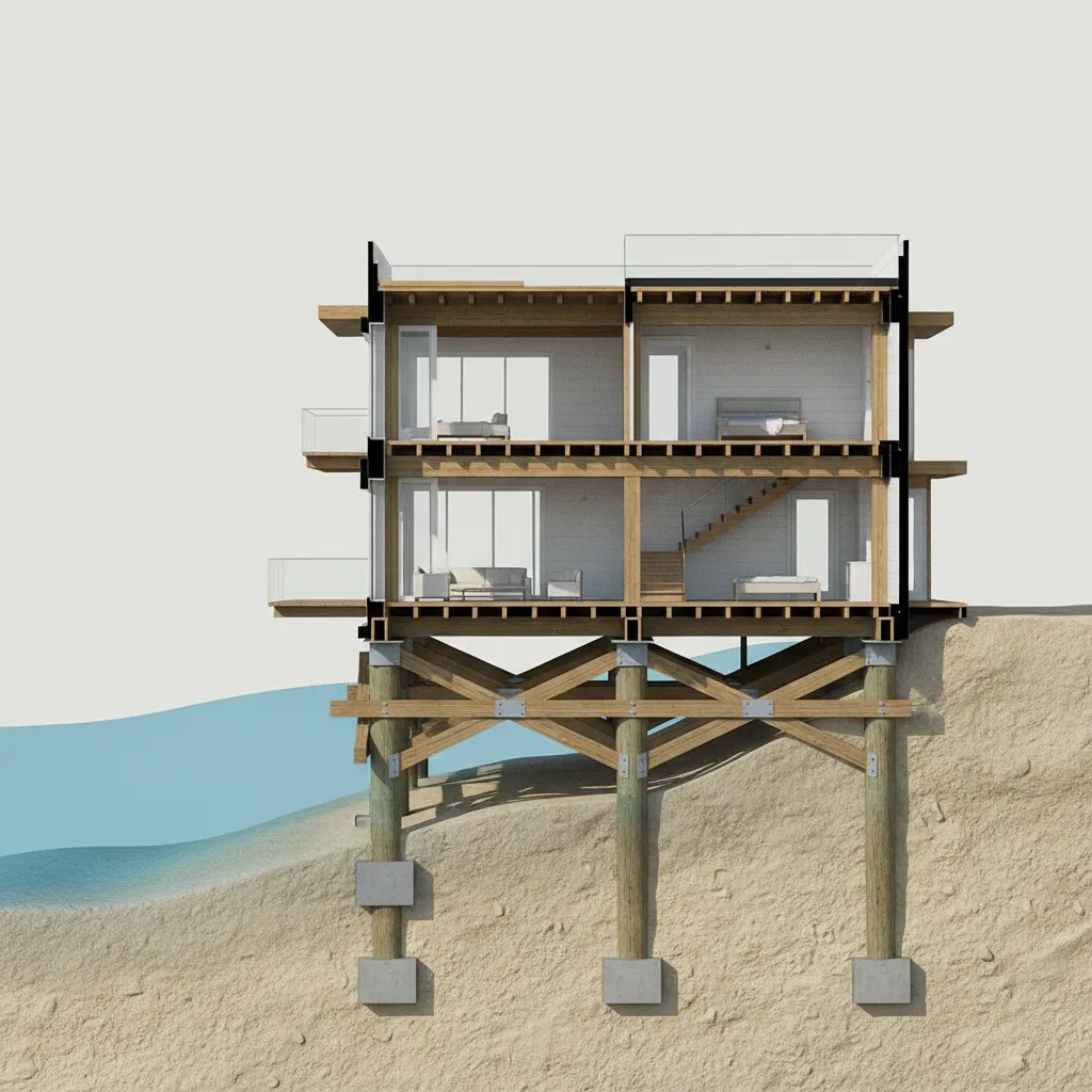 Architectural diagram showing structural pilings supporting an elevated coastal house