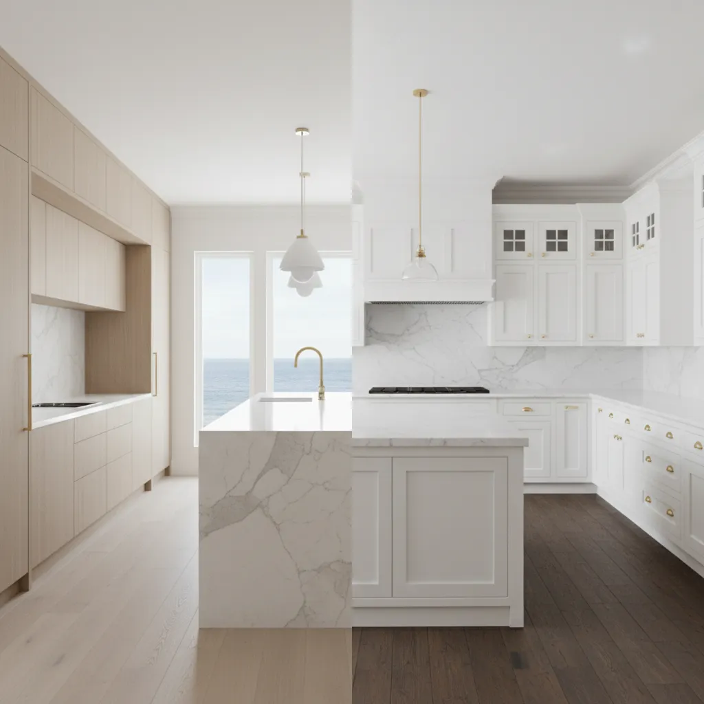 Coastal kitchen material comparison modern quartzite island and traditional shaker cabinetry