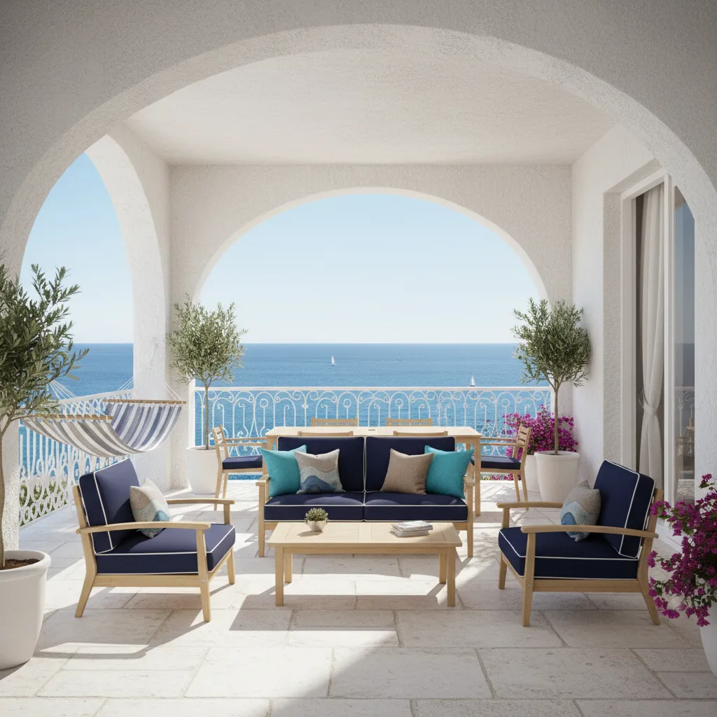 Coastal style balcony with white walls blue accents and light wood furniture