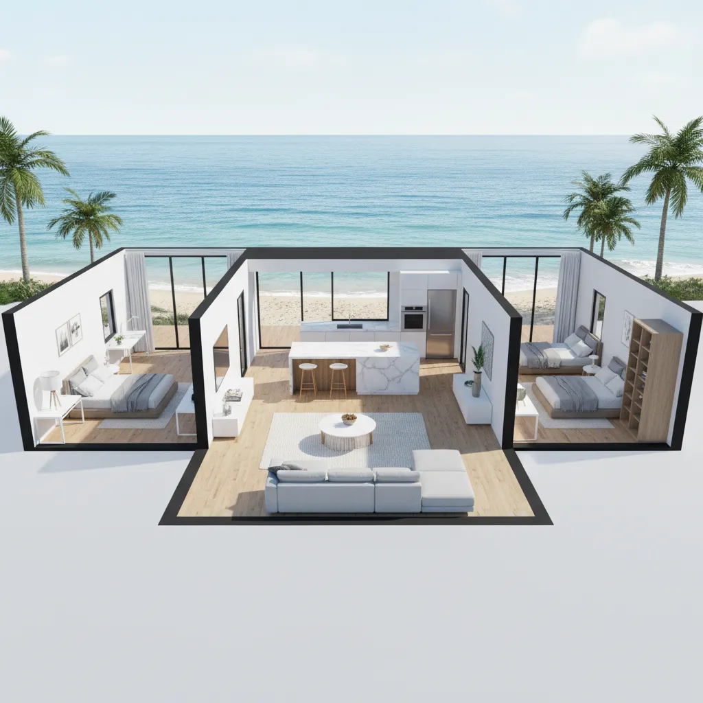 Interior design drawing showing a house layout with kitchen and two bedrooms overlooking the ocean