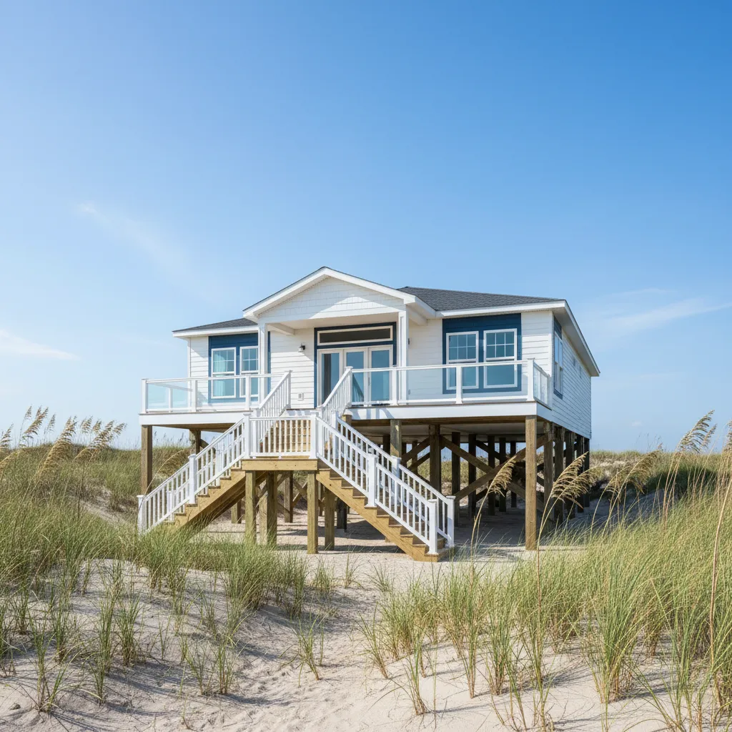 White coastal house built on an elevated wooden foundation with stairs on a sunny sandy beach