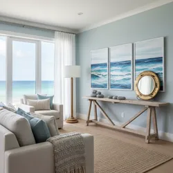 Coastal living room with blue walls white sofa wooden table ocean view and beach decor