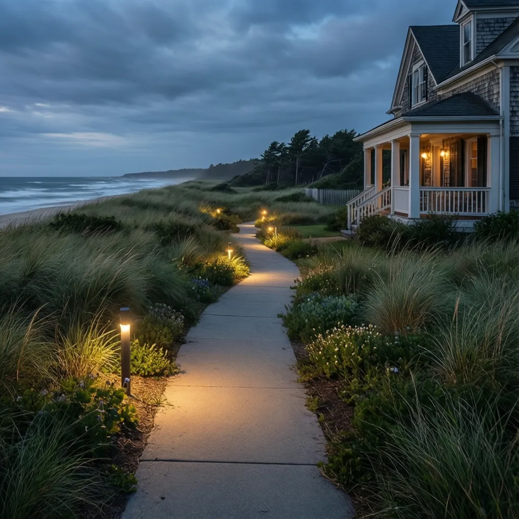 Path lighting along coastal walkway exposed to strong ocean winds