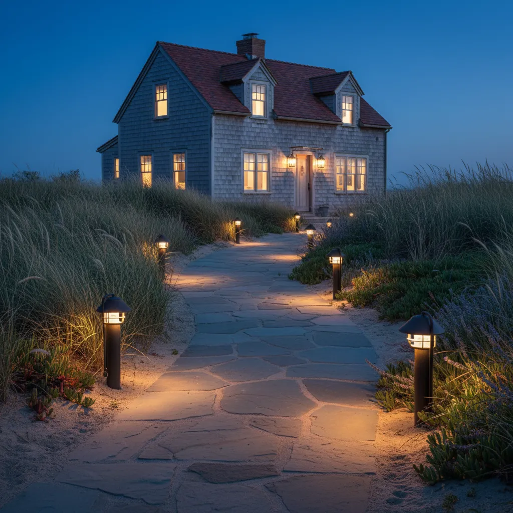 Pathway lighting layout for coastal home walkway at dusk