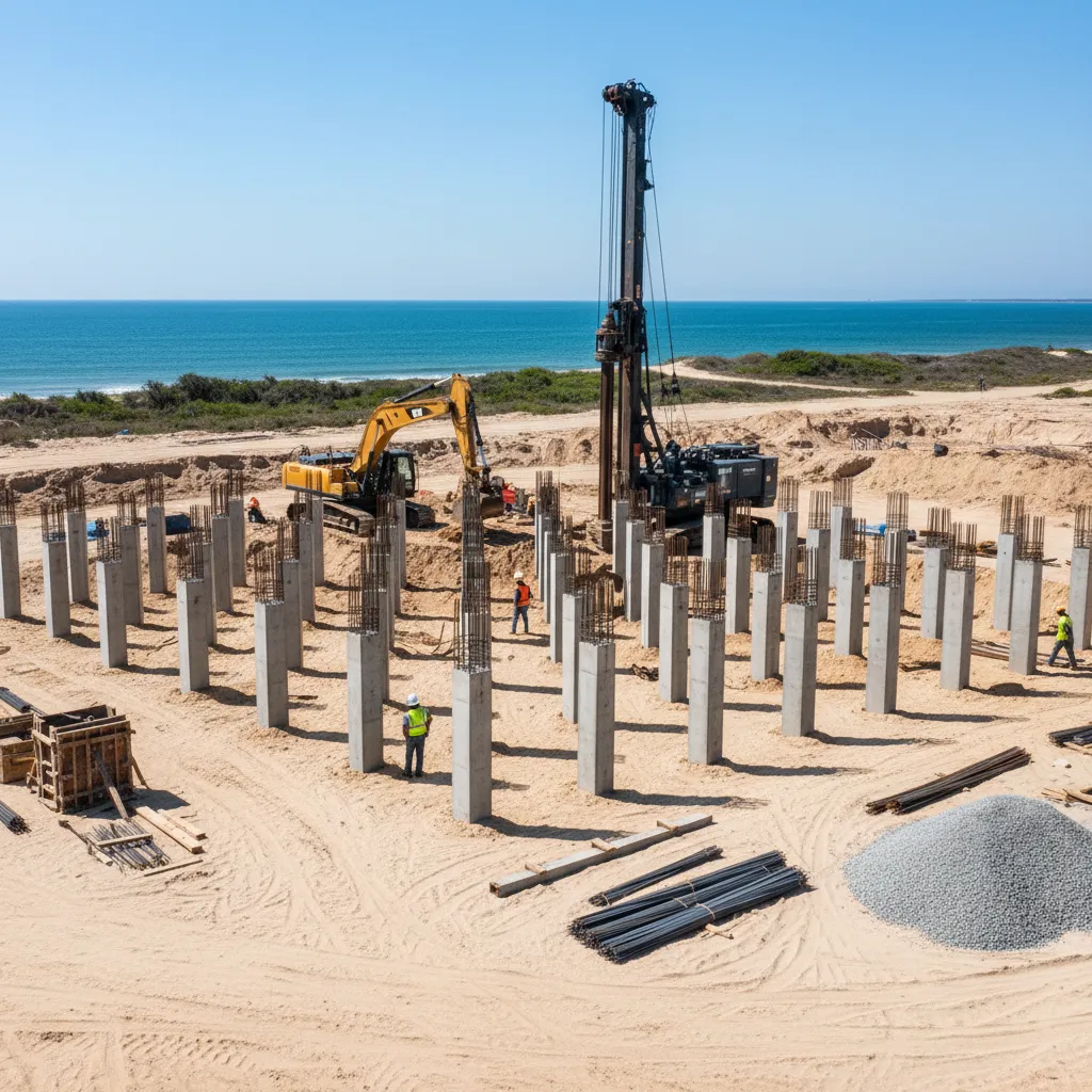 Construction of concrete piling foundation for coastal home