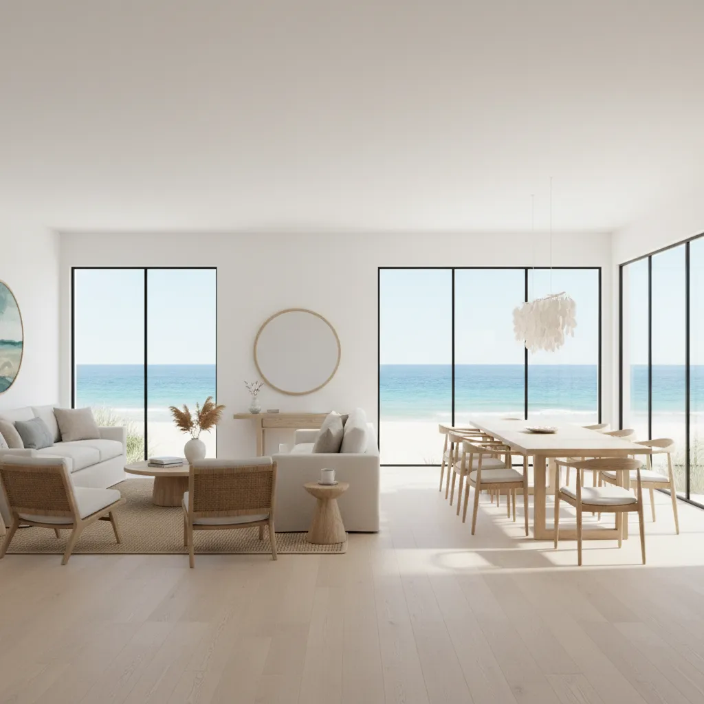 Open plan coastal living and dining layout showing modern coastal remodeling concept