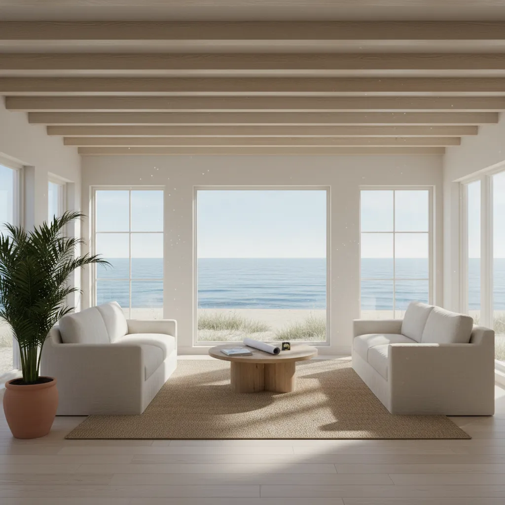 Bright coastal living room during renovation planning stage with large windows and minimal furniture