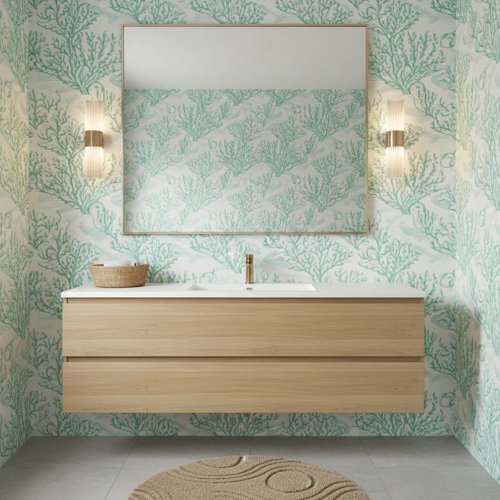 Small bathroom vanity with coastal wallpaper accent wall and mirror reflection