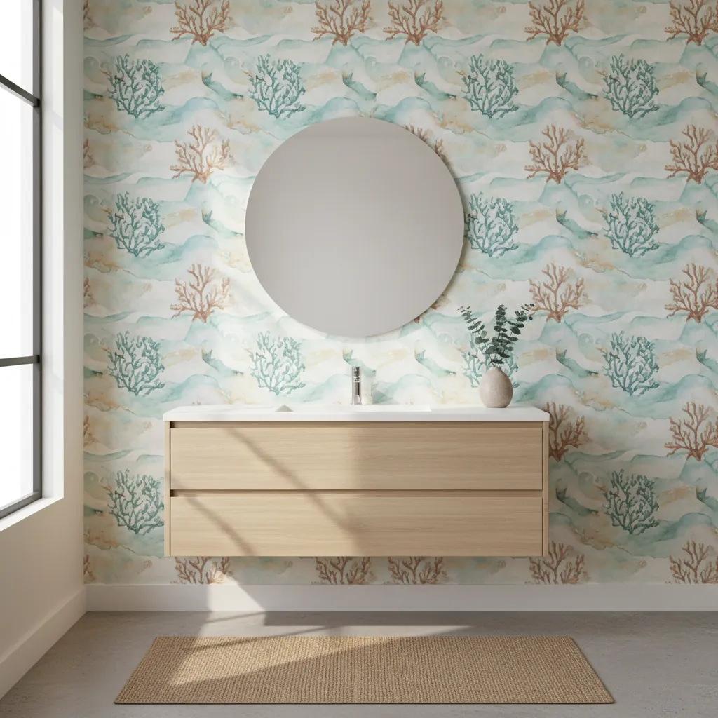 Examples of coral and wave patterned coastal bathroom wallpaper
