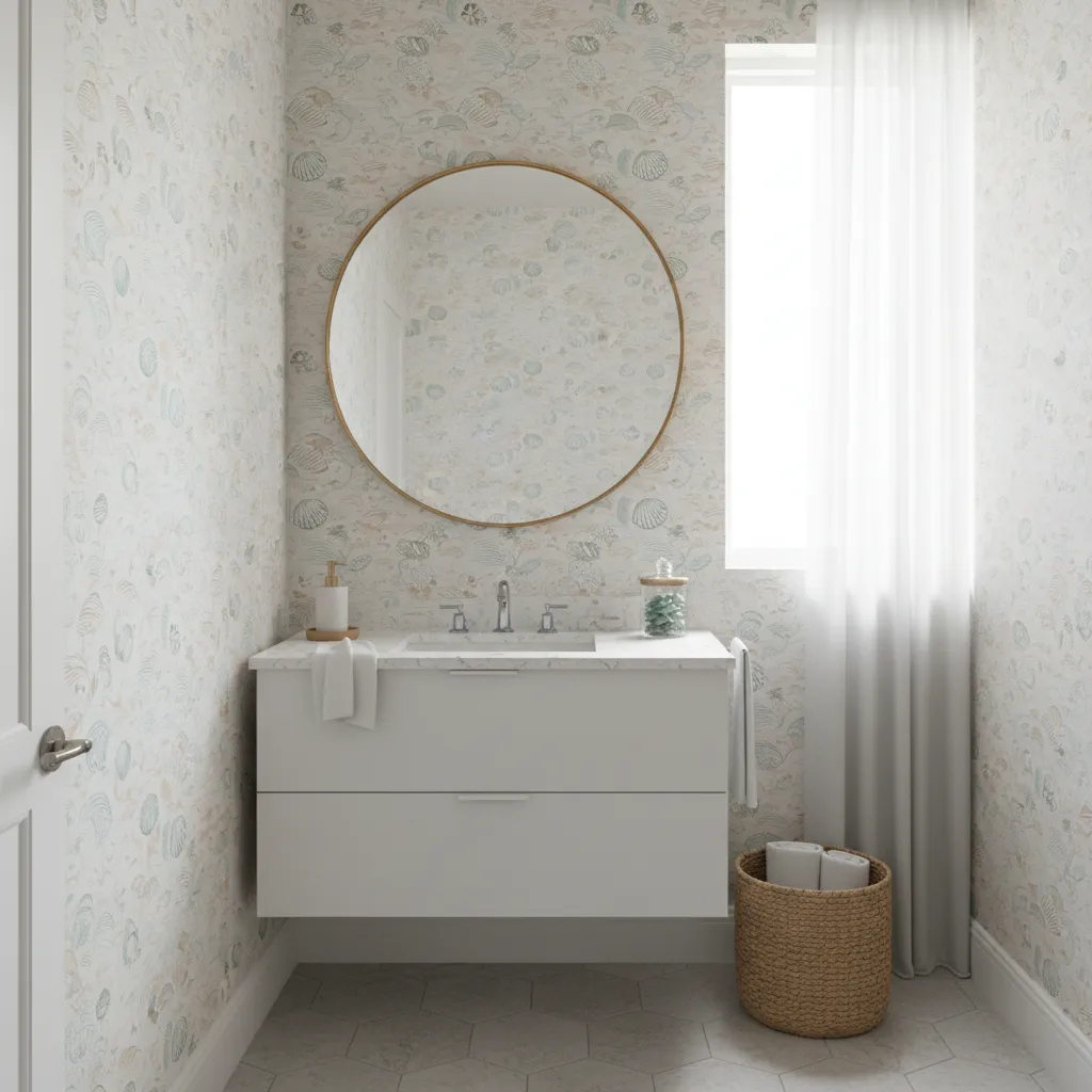 Small beach style bathroom using light patterned wallpaper