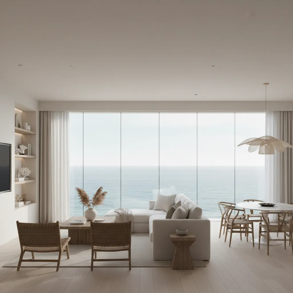 Modern living room with white sofa wicker chairs ceiling light and large ocean view windows