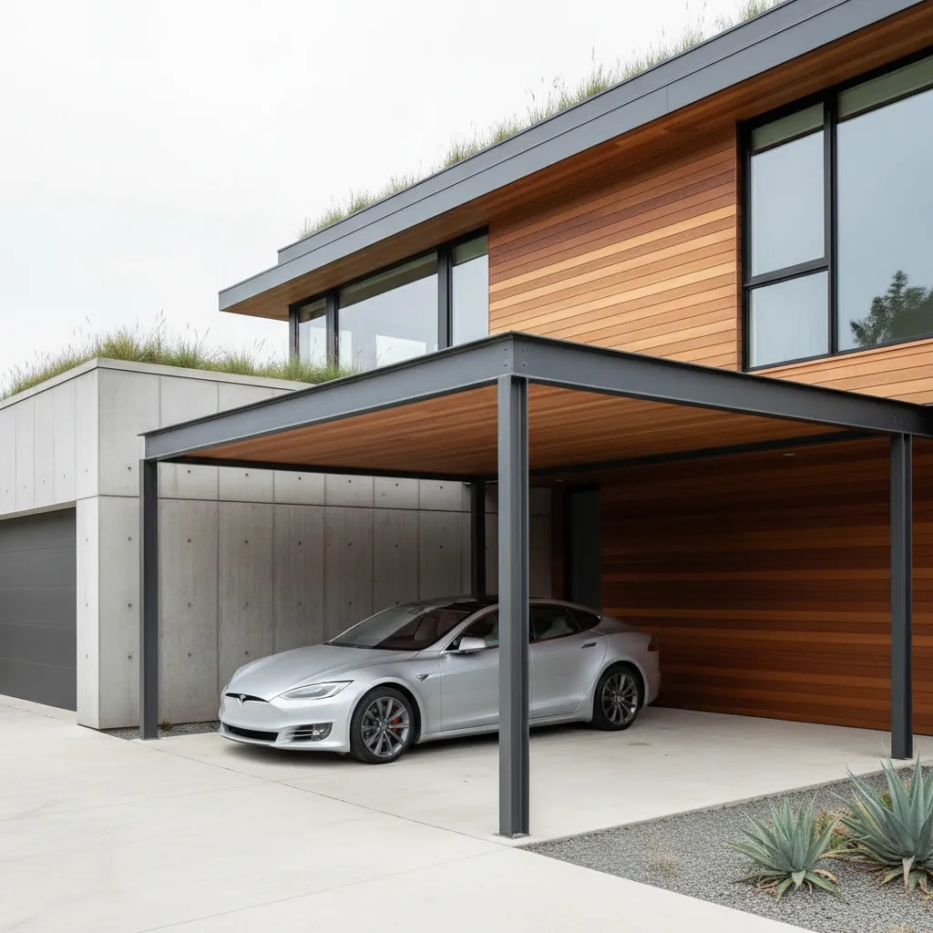 Cochera abierta con estructura moderna junto a una vivienda