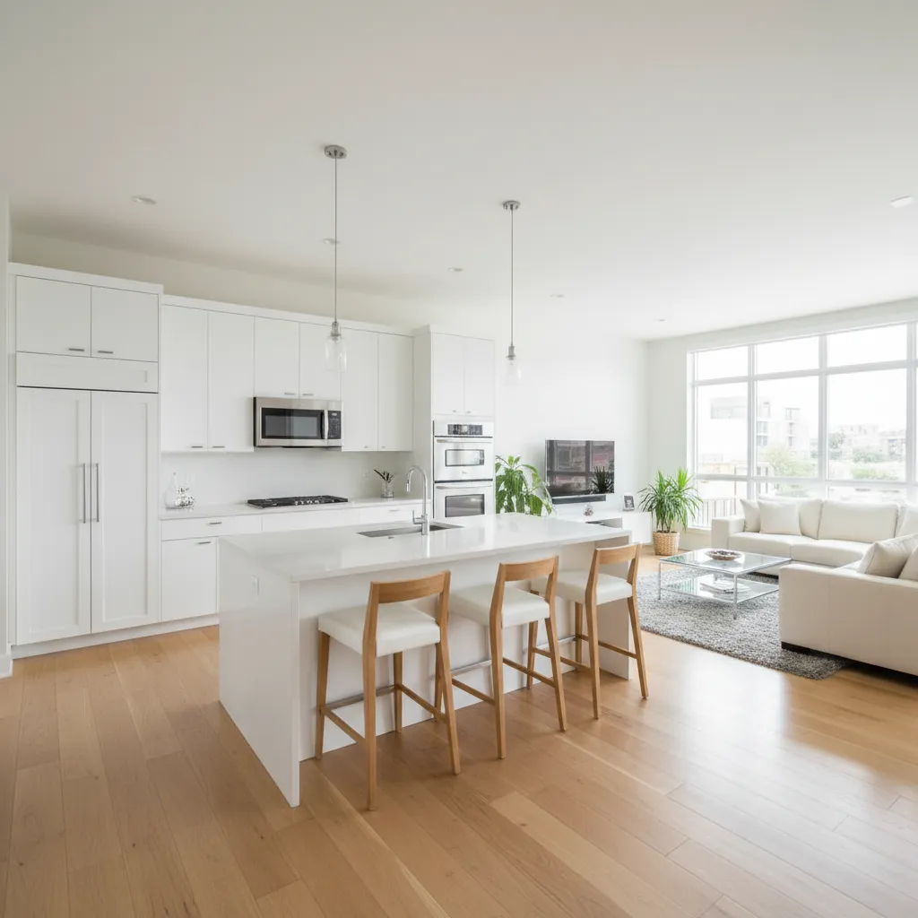 Cocina abierta al salón con isla central y diseño minimalista