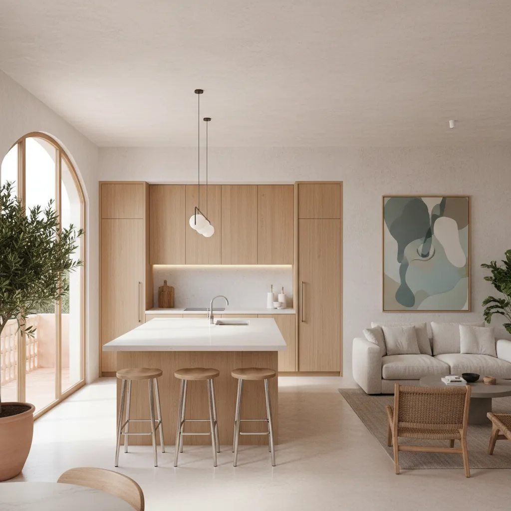 Cocina abierta moderna conectada con el salón